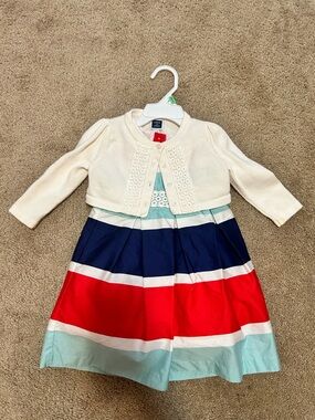 Janie and Jack Red Aqua Striped Dress with Cream Cardigan